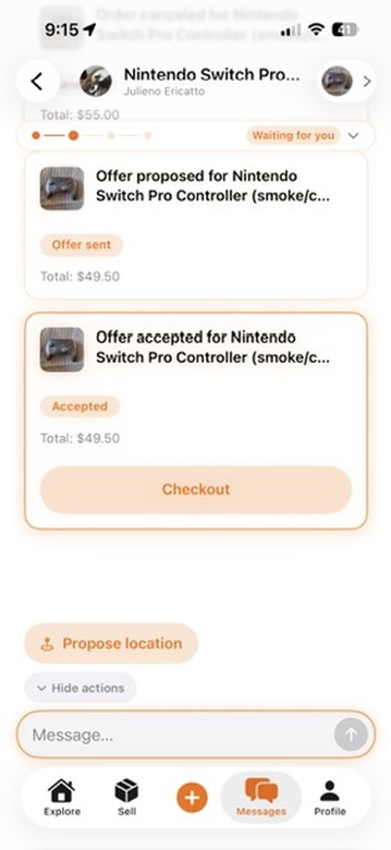 Seconds conversation-related product screen showing similar items and product-scoped messaging context.
