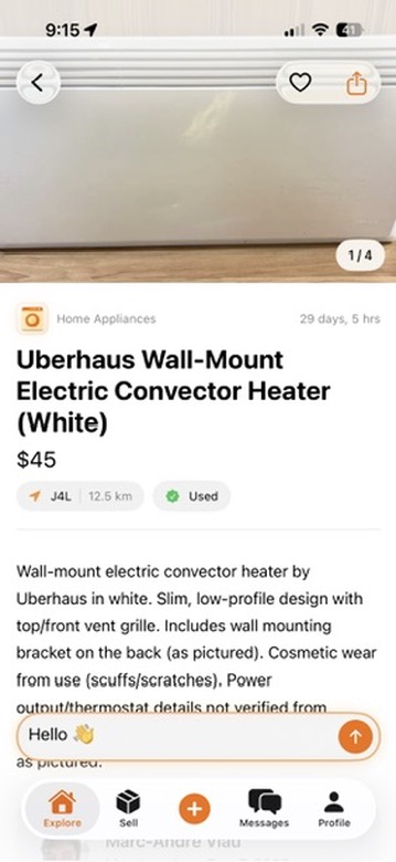 Seconds product page showing a listing detail view and an in-context message composer.